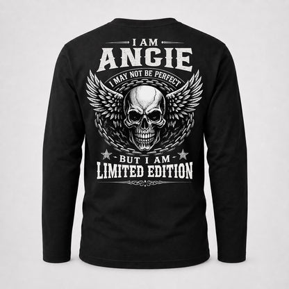 ANGIE P01-K24-229 – Personalized Skull Graphic Apparel “I Am NAME I May Not Be Perfect But I Am Limited Edition”