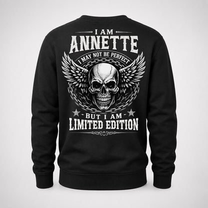 ANNETTE P01-K24-229 – Personalized Skull Graphic Apparel “I Am NAME I May Not Be Perfect But I Am Limited Edition”