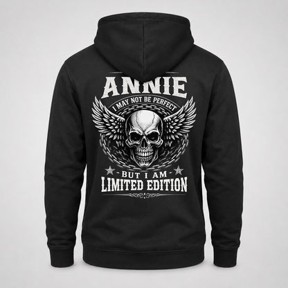 ANNIE P01-K24-229 – Personalized Skull Graphic Apparel “I Am NAME I May Not Be Perfect But I Am Limited Edition”