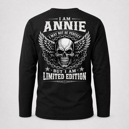 ANNIE P01-K24-229 – Personalized Skull Graphic Apparel “I Am NAME I May Not Be Perfect But I Am Limited Edition”