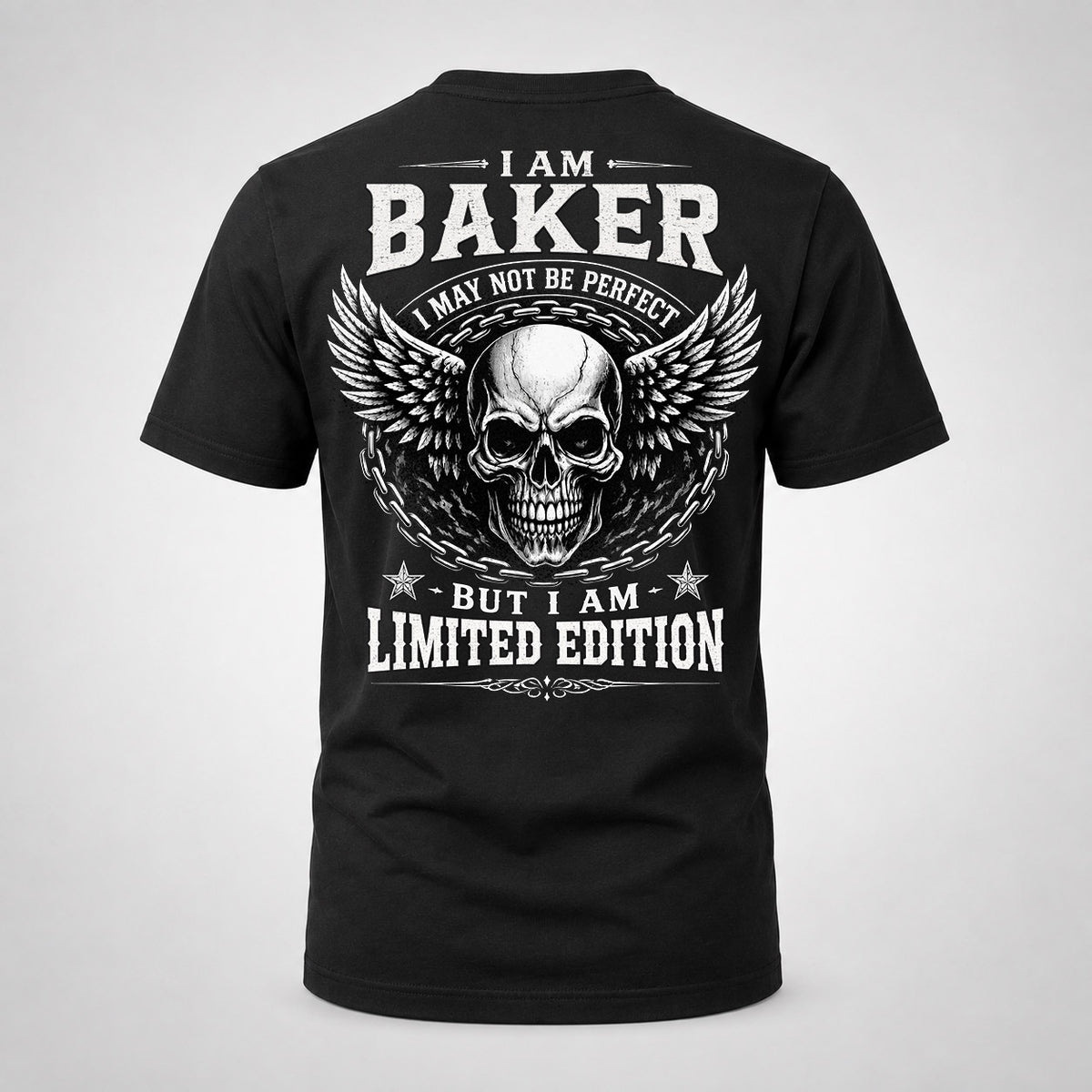 BAKER P01-K24-229 – Personalized Skull Graphic Apparel “I Am NAME I May Not Be Perfect But I Am Limited Edition”