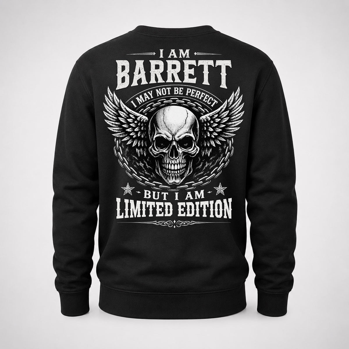 BARRETT P01-K24-229 – Personalized Skull Graphic Apparel “I Am NAME I May Not Be Perfect But I Am Limited Edition”