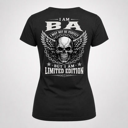BA P01-K24-229 – Personalized Skull Graphic Apparel “I Am NAME I May Not Be Perfect But I Am Limited Edition”