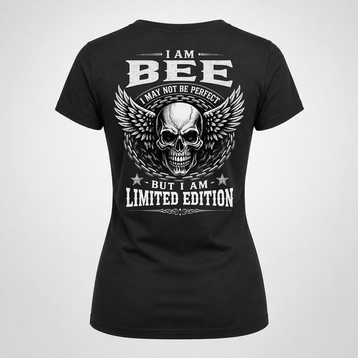 BEE P01-K24-229 – Personalized Skull Graphic Apparel “I Am NAME I May Not Be Perfect But I Am Limited Edition”