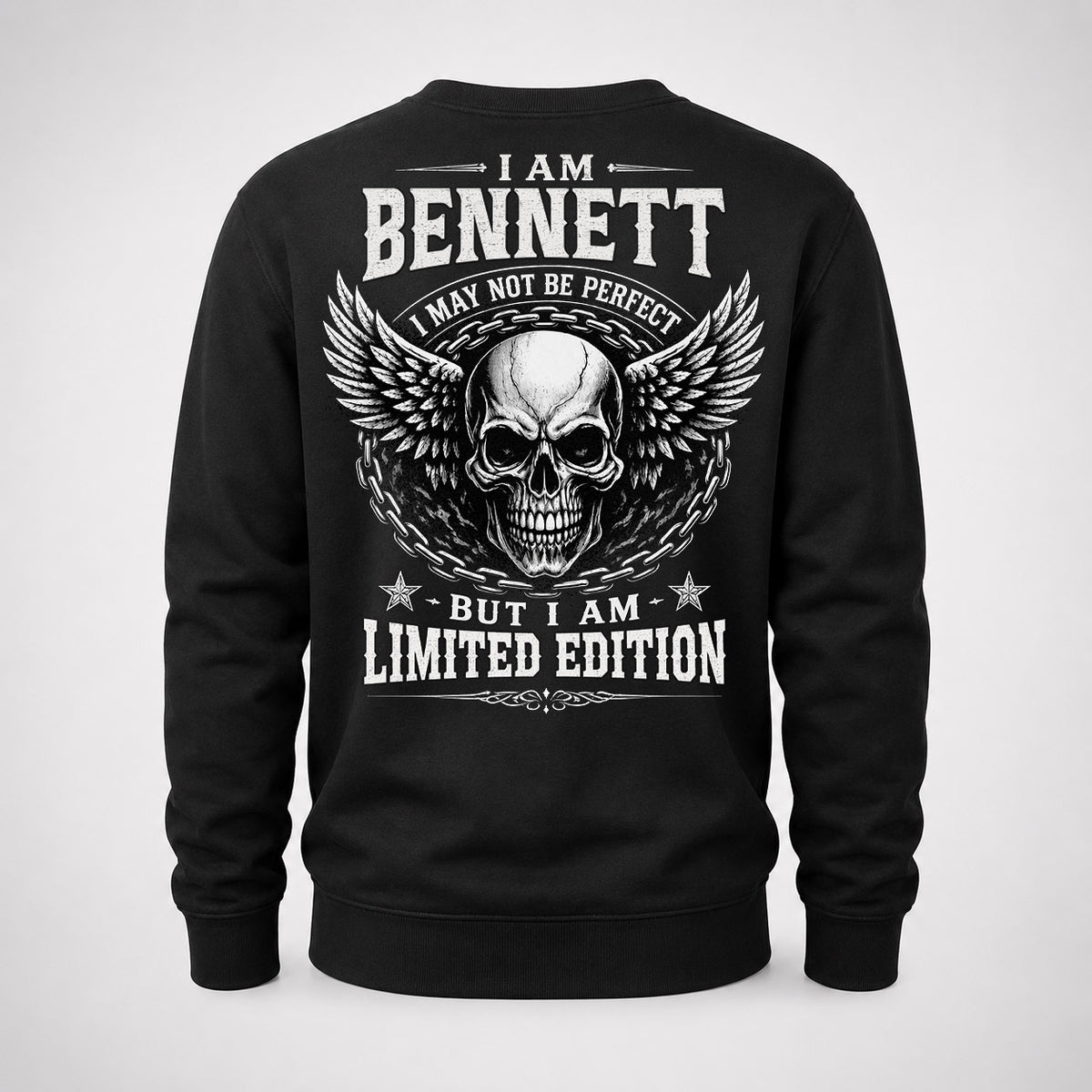 BENNETT P01-K24-229 – Personalized Skull Graphic Apparel “I Am NAME I May Not Be Perfect But I Am Limited Edition”