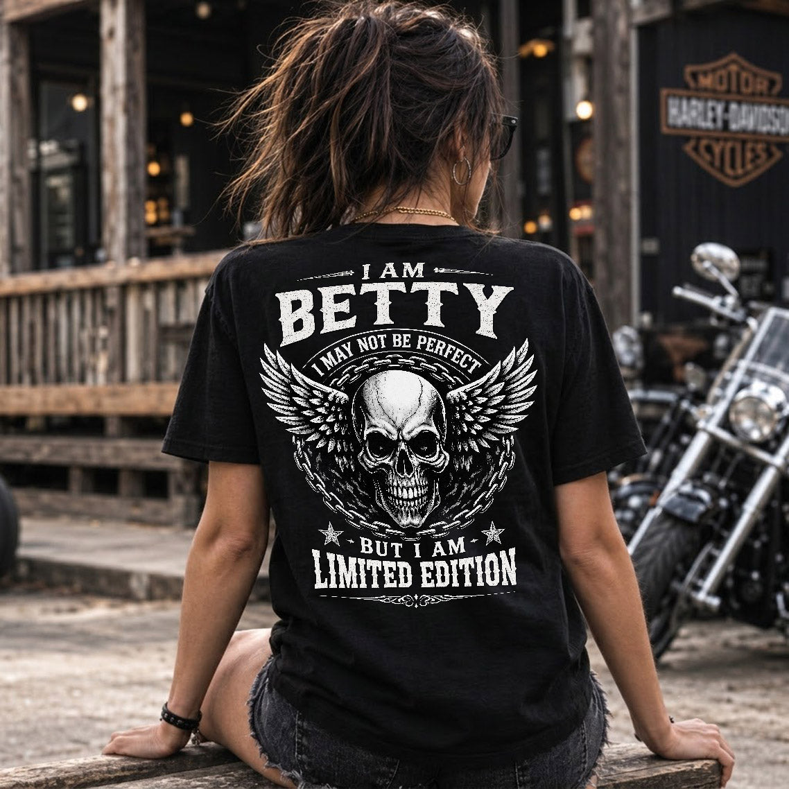 BETTY P01-K24-229 – Personalized Skull Graphic Apparel “I Am NAME I May Not Be Perfect But I Am Limited Edition”