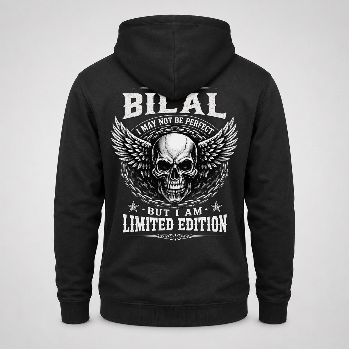 BILAL P01-K24-229 – Personalized Skull Graphic Apparel “I Am NAME I May Not Be Perfect But I Am Limited Edition”