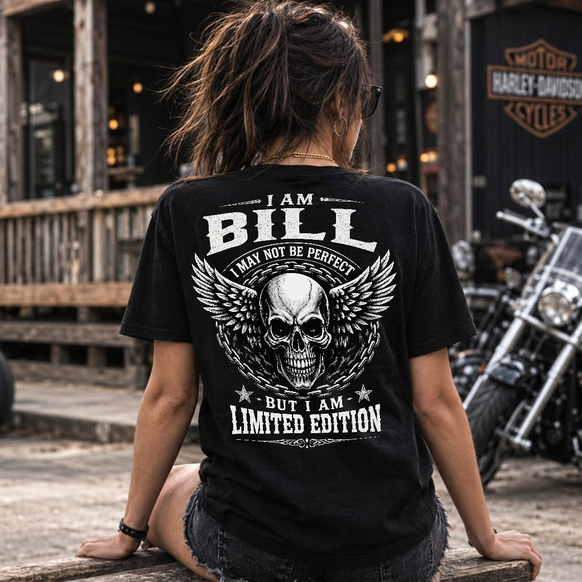 BILL P01-K24-229 – Personalized Skull Graphic Apparel “I Am NAME I May Not Be Perfect But I Am Limited Edition”