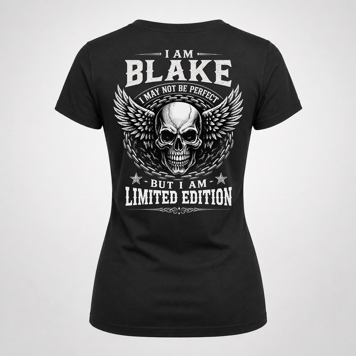 BLAKE P01-K24-229 – Personalized Skull Graphic Apparel “I Am NAME I May Not Be Perfect But I Am Limited Edition”