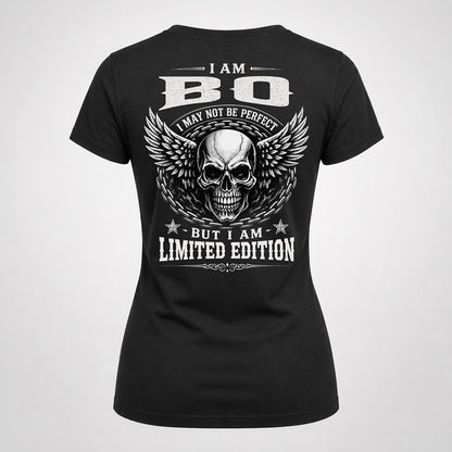 BO P01-K24-229 – Personalized Skull Graphic Apparel “I Am NAME I May Not Be Perfect But I Am Limited Edition”