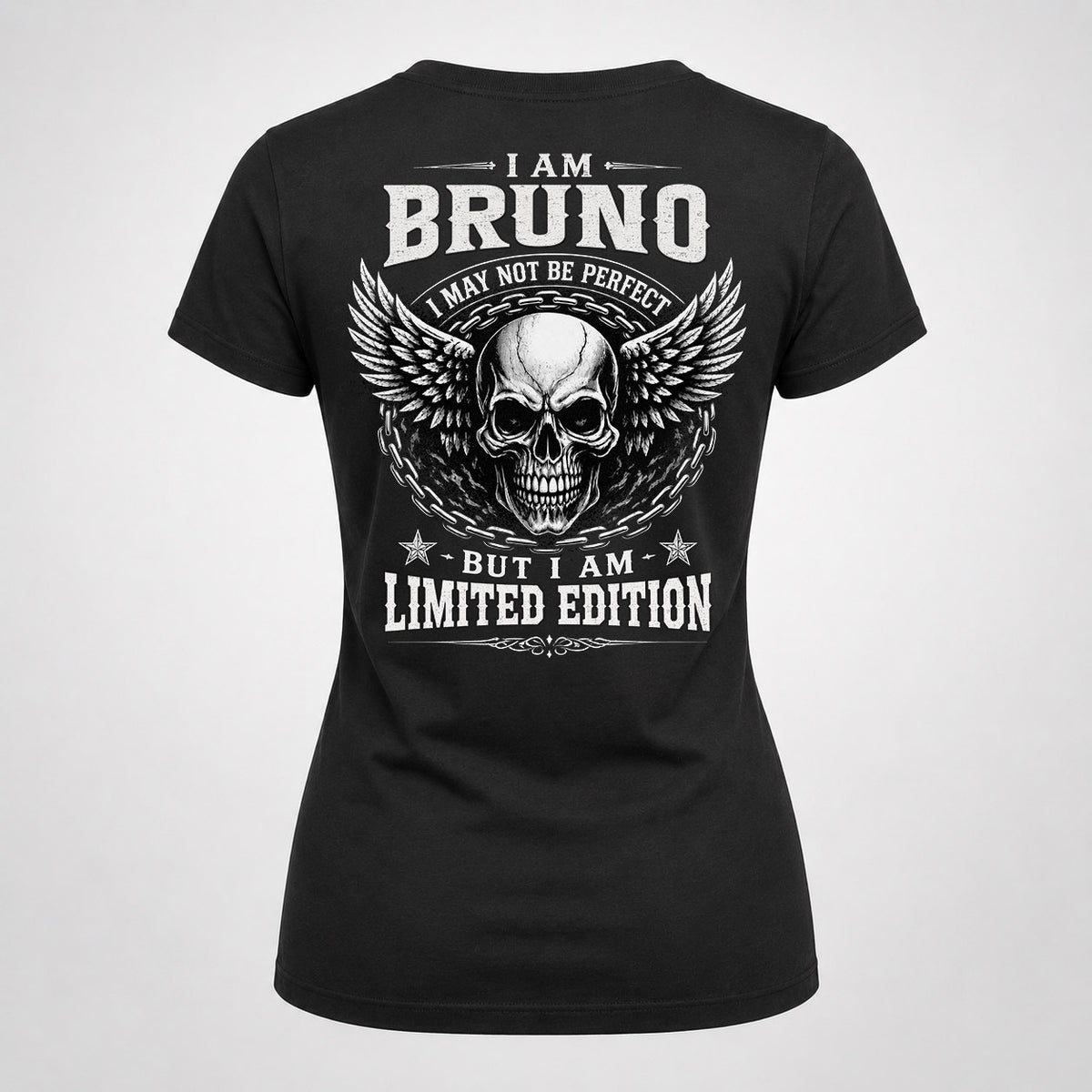 BRUNO P01-K24-229 – Personalized Skull Graphic Apparel “I Am NAME I May Not Be Perfect But I Am Limited Edition”