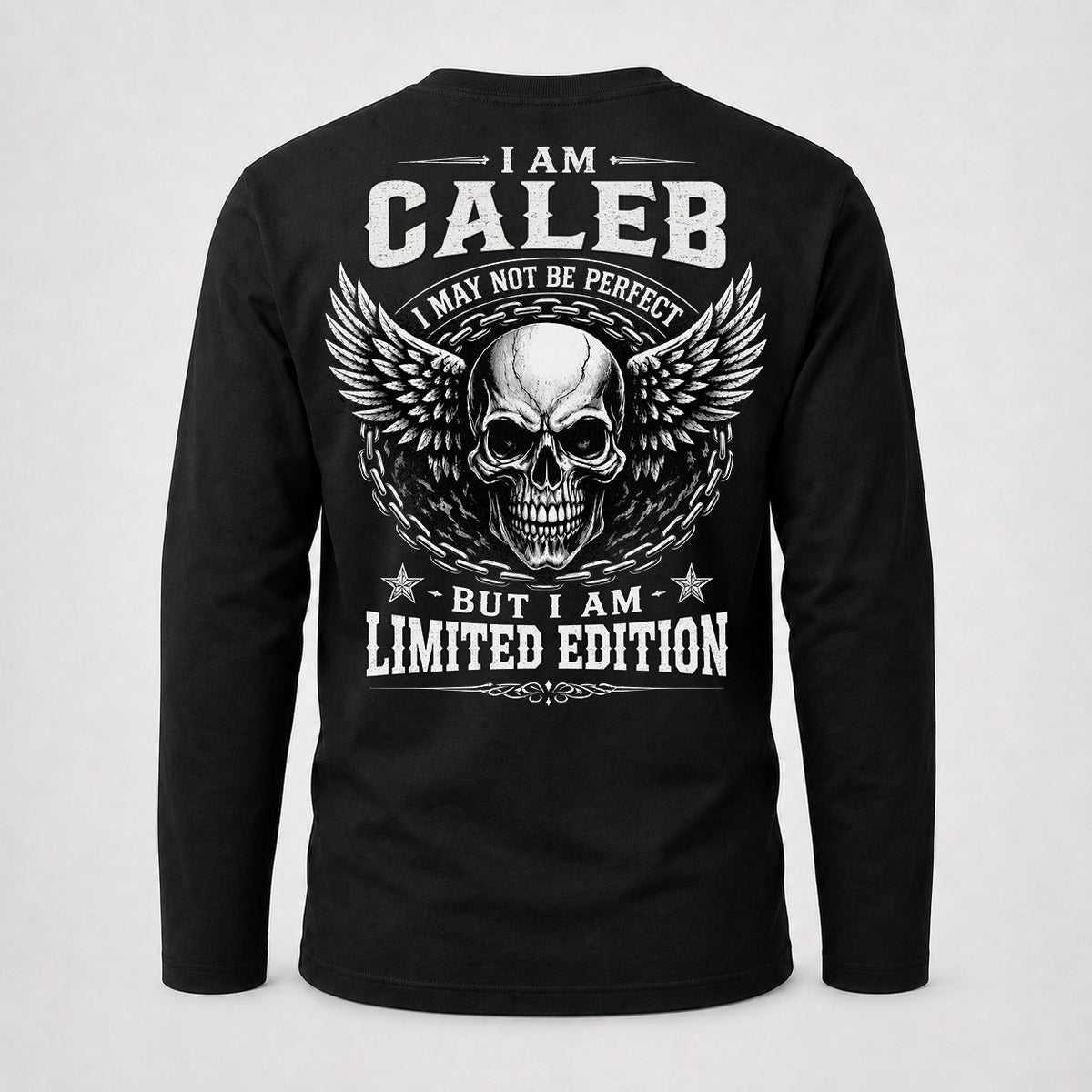 CALEB P01-K24-229 – Personalized Skull Graphic Apparel “I Am NAME I May Not Be Perfect But I Am Limited Edition”
