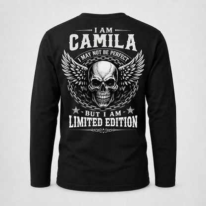 CAMILA P01-K24-229 – Personalized Skull Graphic Apparel “I Am NAME I May Not Be Perfect But I Am Limited Edition”