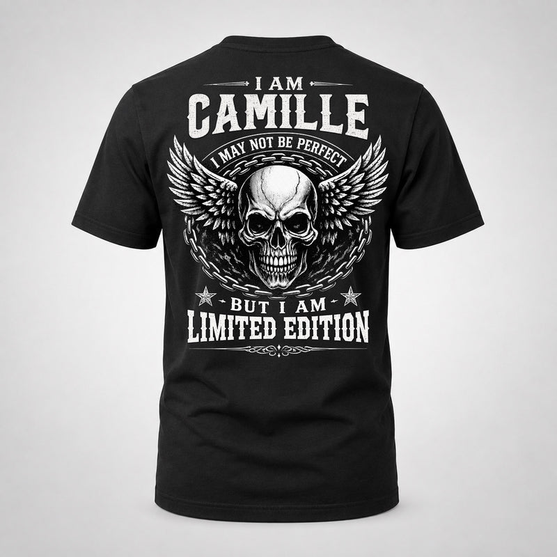 CAMILLE P01-K24-229 – Personalized Skull Graphic Apparel “I Am NAME I May Not Be Perfect But I Am Limited Edition”