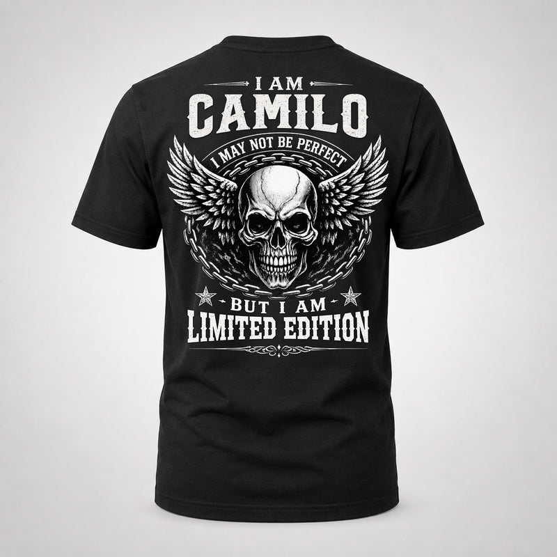 CAMILO P01-K24-229 – Personalized Skull Graphic Apparel “I Am NAME I May Not Be Perfect But I Am Limited Edition”