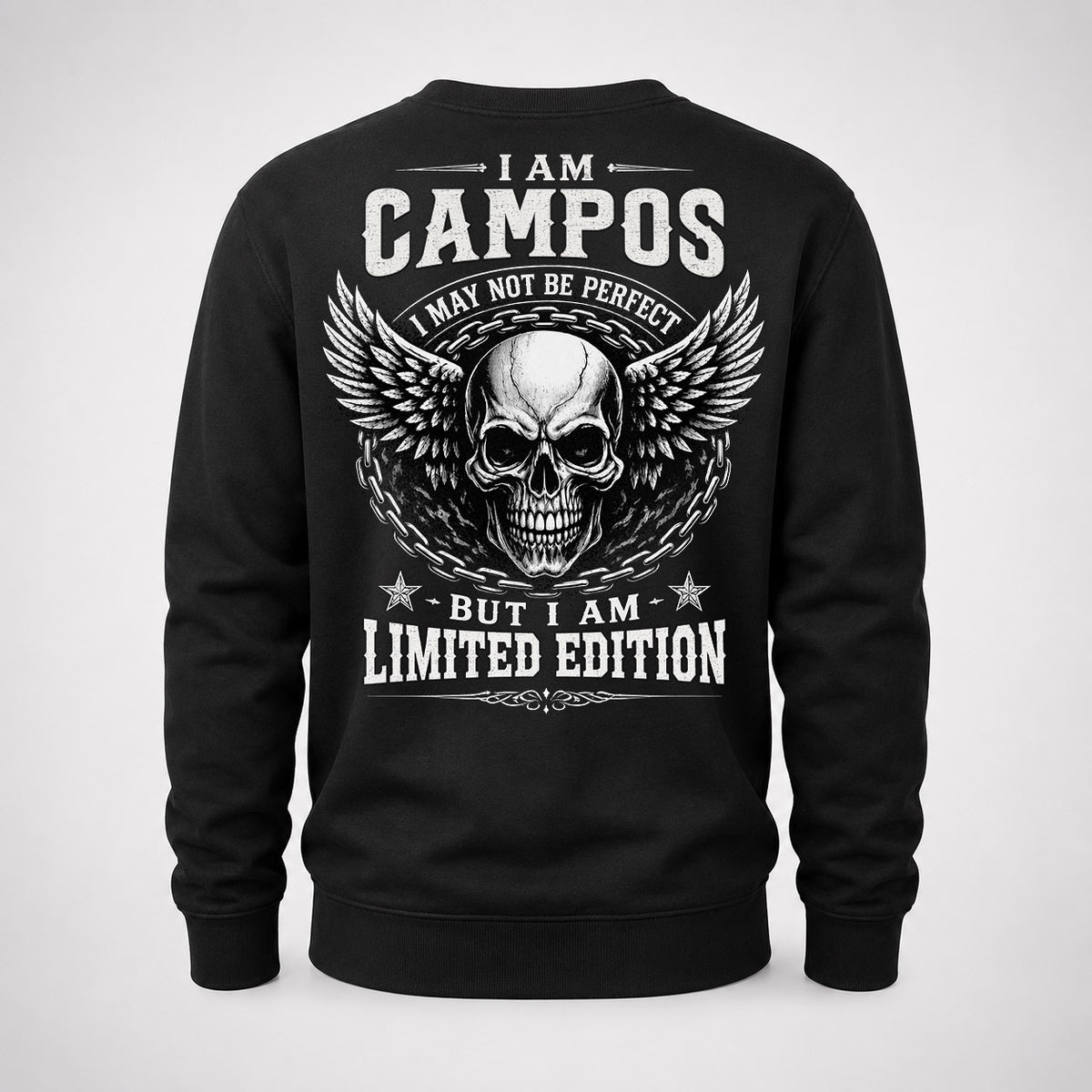 CAMPOS P01-K24-229 – Personalized Skull Graphic Apparel “I Am NAME I May Not Be Perfect But I Am Limited Edition”