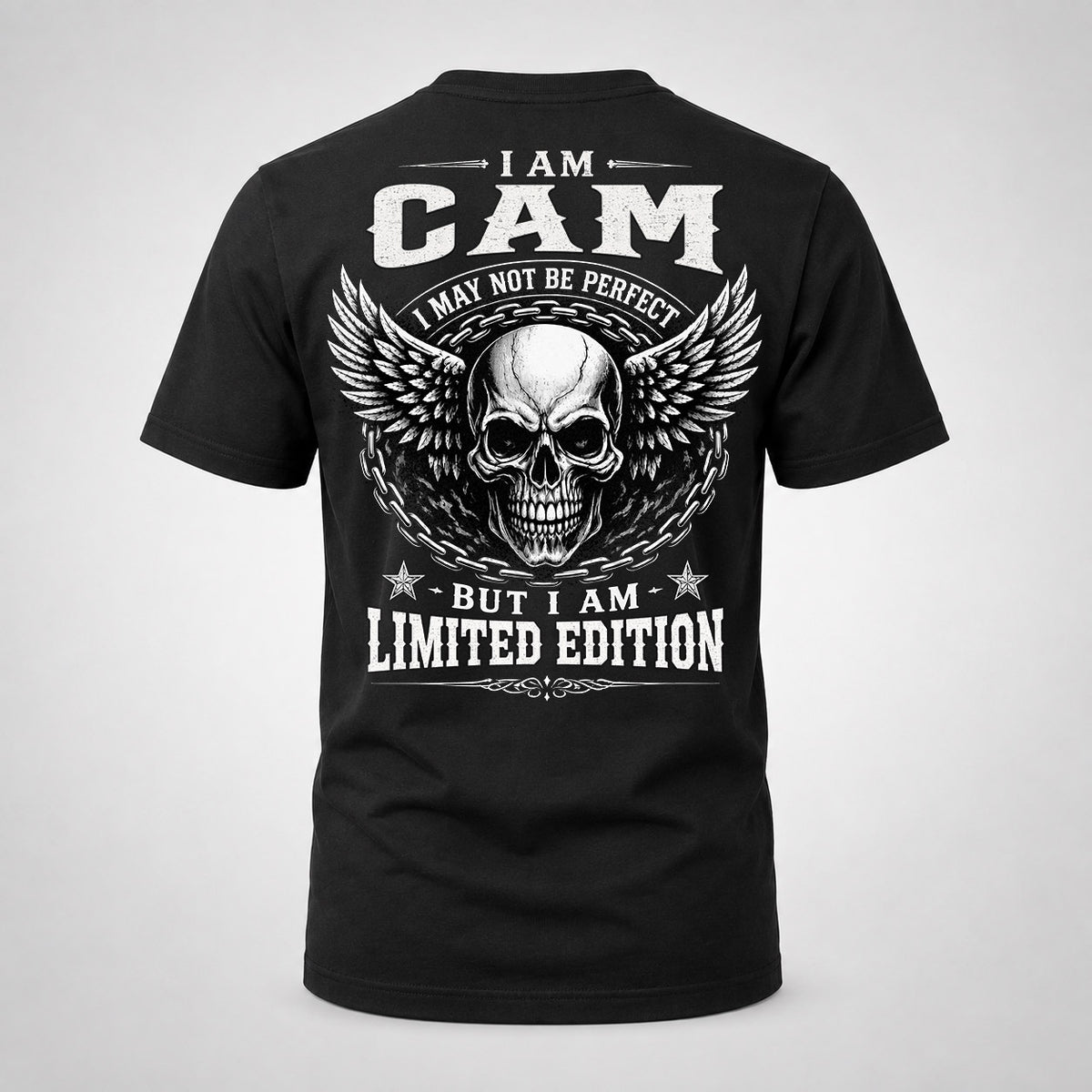 CAM P01-K24-229 – Personalized Skull Graphic Apparel “I Am NAME I May Not Be Perfect But I Am Limited Edition”