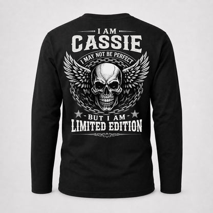 CASSIE P01-K24-229 – Personalized Skull Graphic Apparel “I Am NAME I May Not Be Perfect But I Am Limited Edition”