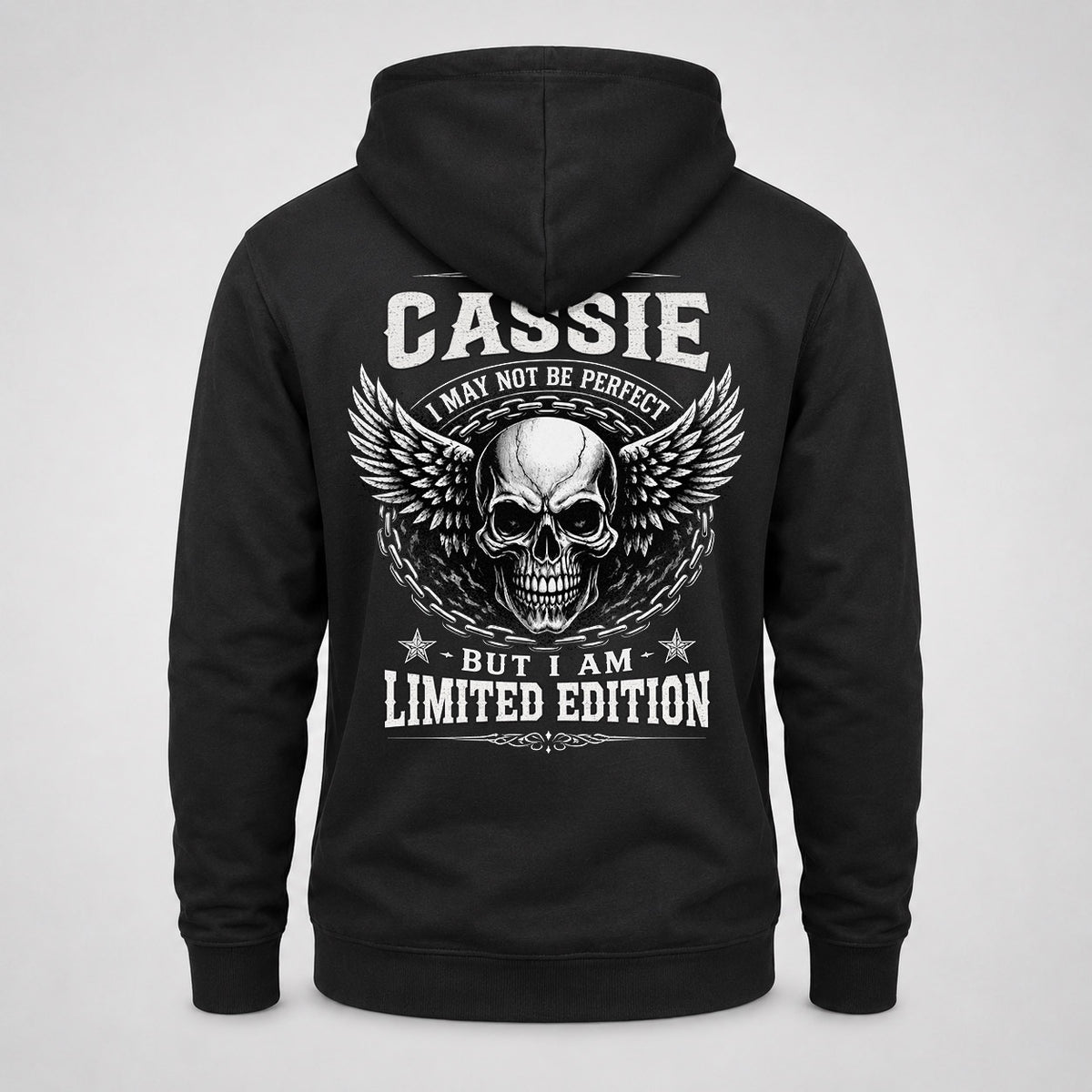 CASSIE P01-K24-229 – Personalized Skull Graphic Apparel “I Am NAME I May Not Be Perfect But I Am Limited Edition”