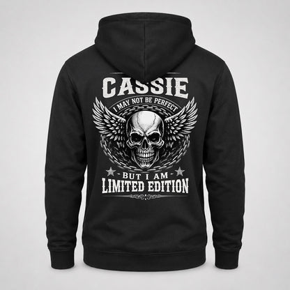 CASSIE P01-K24-229 – Personalized Skull Graphic Apparel “I Am NAME I May Not Be Perfect But I Am Limited Edition”