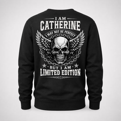 CATHERINE P01-K24-229 – Personalized Skull Graphic Apparel “I Am NAME I May Not Be Perfect But I Am Limited Edition”