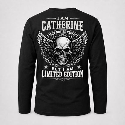 CATHERINE P01-K24-229 – Personalized Skull Graphic Apparel “I Am NAME I May Not Be Perfect But I Am Limited Edition”