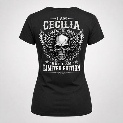 CECILIA P01-K24-229 – Personalized Skull Graphic Apparel “I Am NAME I May Not Be Perfect But I Am Limited Edition”
