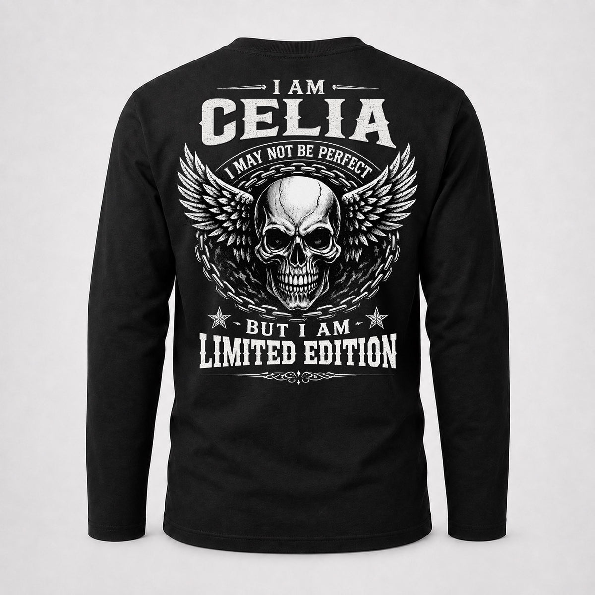 CELIA P01-K24-229 – Personalized Skull Graphic Apparel “I Am NAME I May Not Be Perfect But I Am Limited Edition”