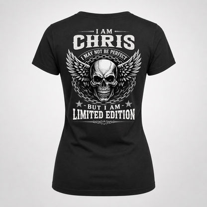 CHRIS P01-K24-229 – Personalized Skull Graphic Apparel “I Am NAME I May Not Be Perfect But I Am Limited Edition”