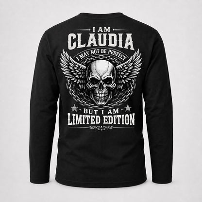 CLAUDIA P01-K24-229 – Personalized Skull Graphic Apparel “I Am NAME I May Not Be Perfect But I Am Limited Edition”