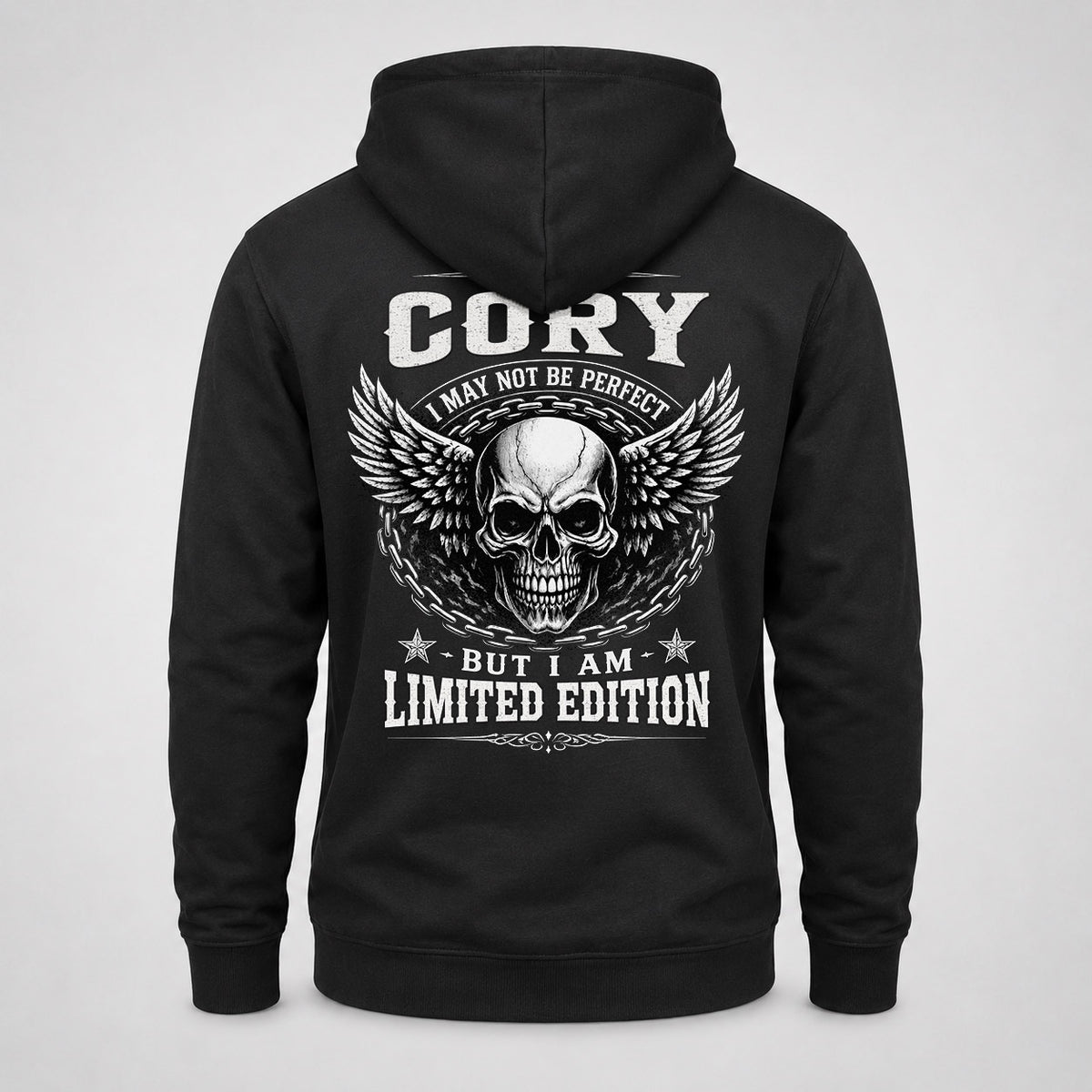 CORY P01-K24-229 – Personalized Skull Graphic Apparel “I Am NAME I May Not Be Perfect But I Am Limited Edition”
