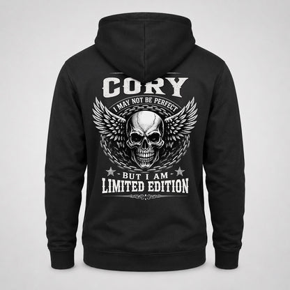 CORY P01-K24-229 – Personalized Skull Graphic Apparel “I Am NAME I May Not Be Perfect But I Am Limited Edition”