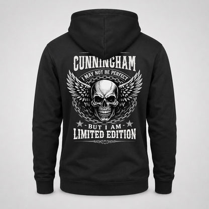 CUNNINGHAM P01-K24-229 – Personalized Skull Graphic Apparel “I Am NAME I May Not Be Perfect But I Am Limited Edition”