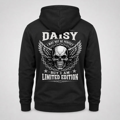 DAISY P01-K24-229 – Personalized Skull Graphic Apparel “I Am NAME I May Not Be Perfect But I Am Limited Edition”