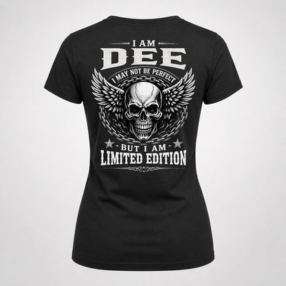 DEE P01-K24-229 – Personalized Skull Graphic Apparel “I Am NAME I May Not Be Perfect But I Am Limited Edition”