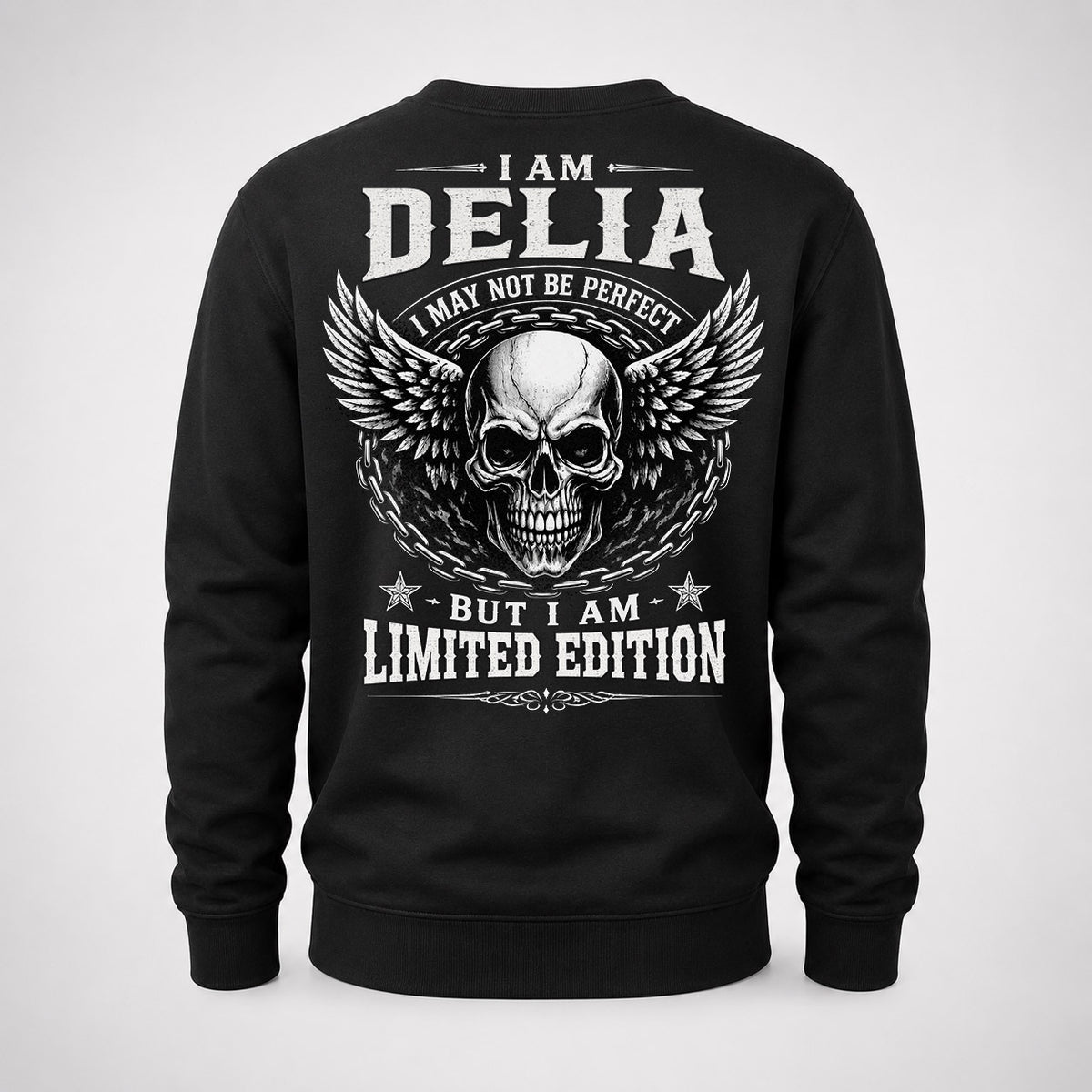 DELIA P01-K24-229 – Personalized Skull Graphic Apparel “I Am NAME I May Not Be Perfect But I Am Limited Edition”