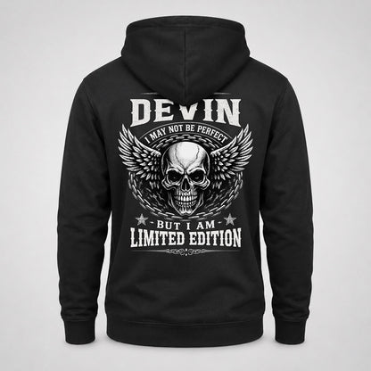 DEVIN P01-K24-229 – Personalized Skull Graphic Apparel “I Am NAME I May Not Be Perfect But I Am Limited Edition”