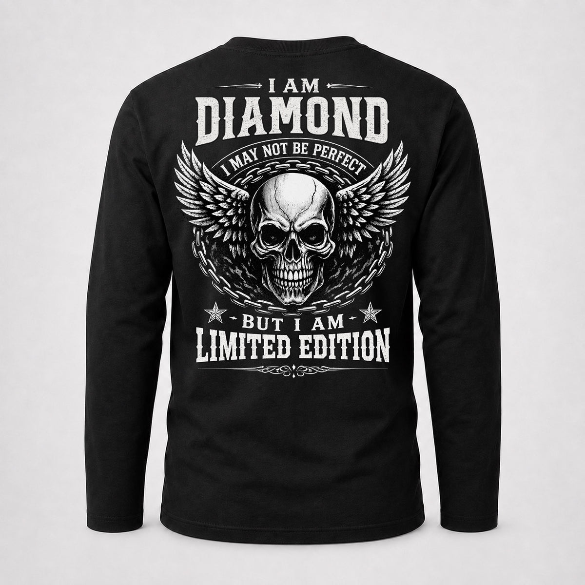DIAMOND P01-K24-229 – Personalized Skull Graphic Apparel “I Am NAME I May Not Be Perfect But I Am Limited Edition”
