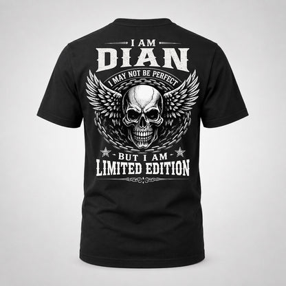 DIAN P01-K24-229 – Personalized Skull Graphic Apparel “I Am NAME I May Not Be Perfect But I Am Limited Edition”