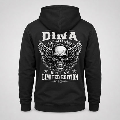 DINA P01-K24-229 – Personalized Skull Graphic Apparel “I Am NAME I May Not Be Perfect But I Am Limited Edition”
