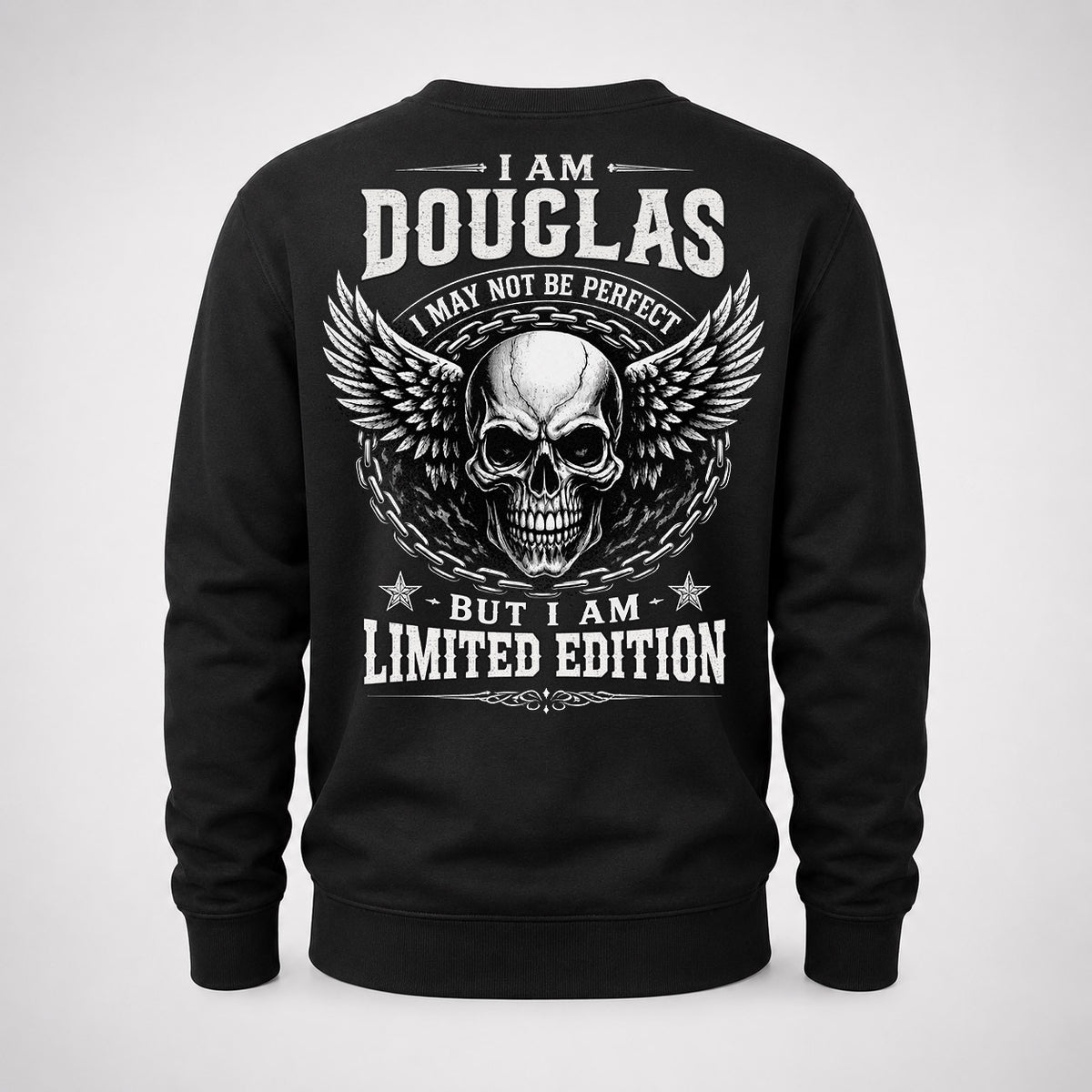 DOUGLAS P01-K24-229 – Personalized Skull Graphic Apparel “I Am NAME I May Not Be Perfect But I Am Limited Edition”
