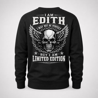 EDITH P01-K24-229 – Personalized Skull Graphic Apparel “I Am NAME I May Not Be Perfect But I Am Limited Edition”