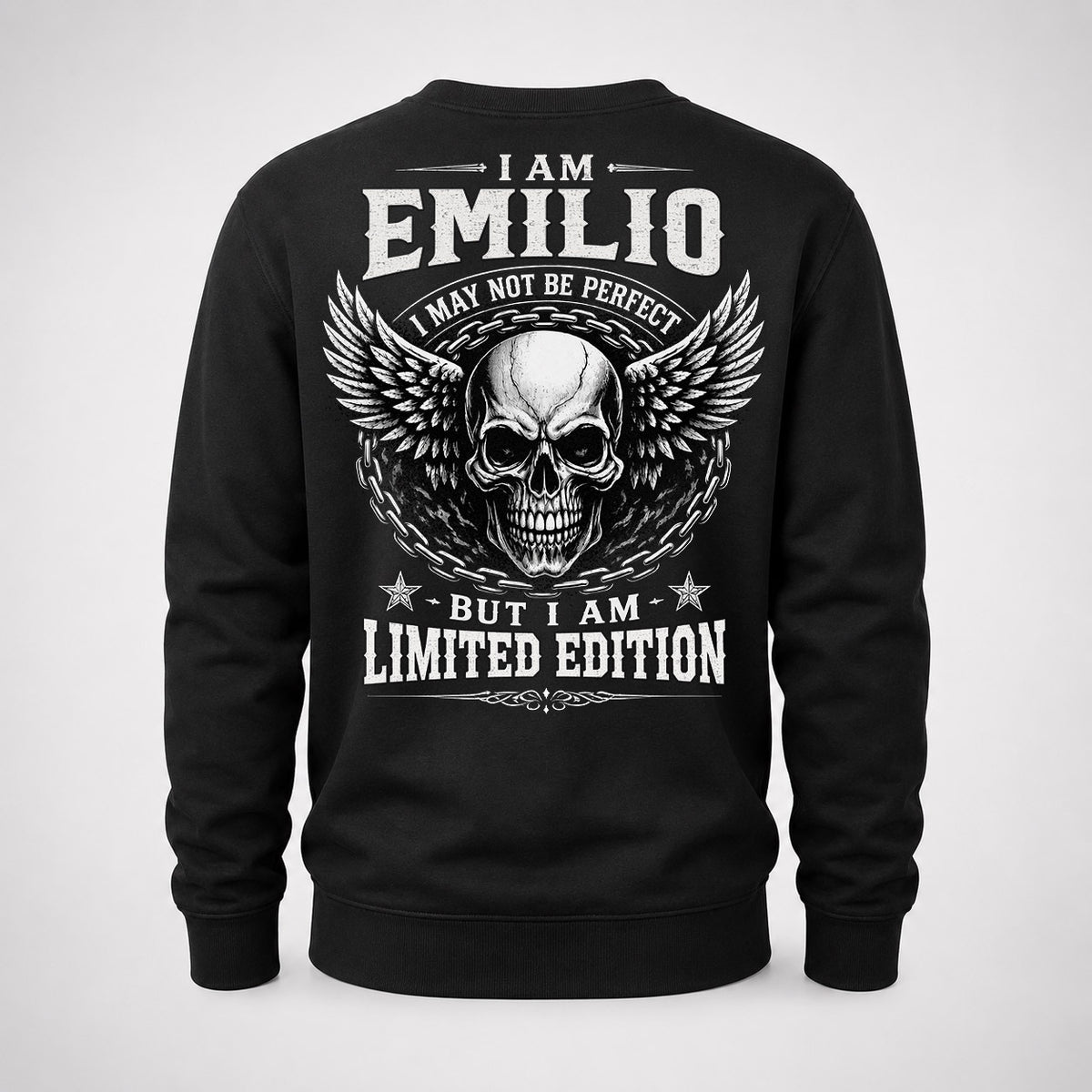 EMILIO P01-K24-229 – Personalized Skull Graphic Apparel “I Am NAME I May Not Be Perfect But I Am Limited Edition”