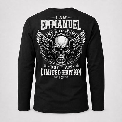 EMMANUEL P01-K24-229 – Personalized Skull Graphic Apparel “I Am NAME I May Not Be Perfect But I Am Limited Edition”