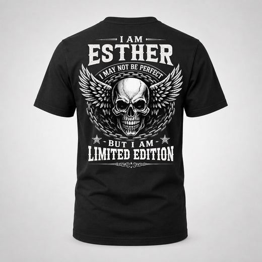 ESTHER P01-K24-229 – Personalized Skull Graphic Apparel “I Am NAME I May Not Be Perfect But I Am Limited Edition”
