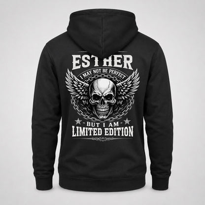 ESTHER P01-K24-229 – Personalized Skull Graphic Apparel “I Am NAME I May Not Be Perfect But I Am Limited Edition”