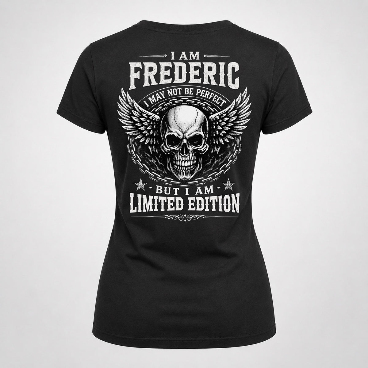 FREDERIC P01-K24-229 – Personalized Skull Graphic Apparel “I Am NAME I May Not Be Perfect But I Am Limited Edition”
