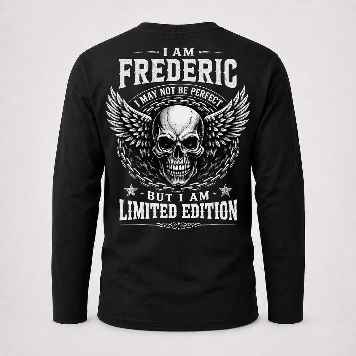 FREDERIC P01-K24-229 – Personalized Skull Graphic Apparel “I Am NAME I May Not Be Perfect But I Am Limited Edition”