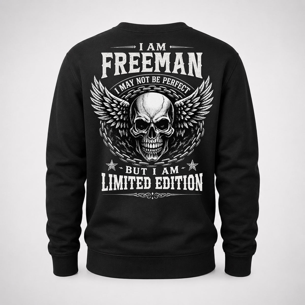 FREEMAN P01-K24-229 – Personalized Skull Graphic Apparel “I Am NAME I May Not Be Perfect But I Am Limited Edition”