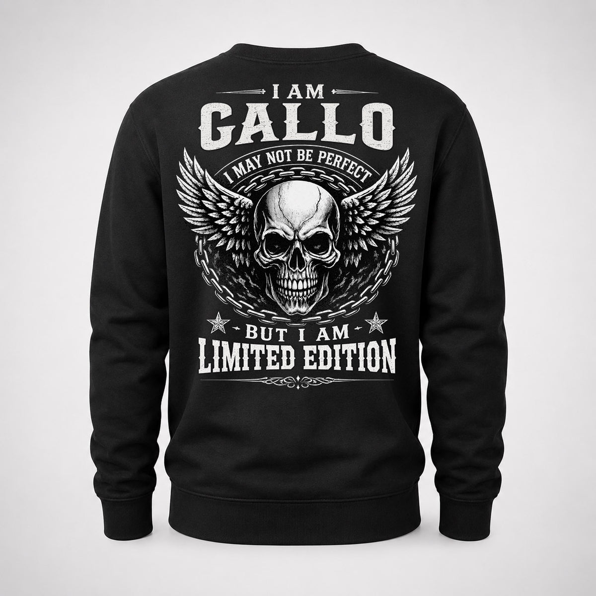 GALLO P01-K24-229 – Personalized Skull Graphic Apparel “I Am NAME I May Not Be Perfect But I Am Limited Edition”